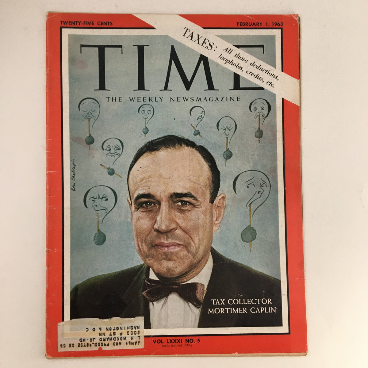 Cover of Time Magazine from February 1, 1963, Vol. 81 No. 5 featuring Tax Collector Mortimer Caplin with illustrations representing taxes.