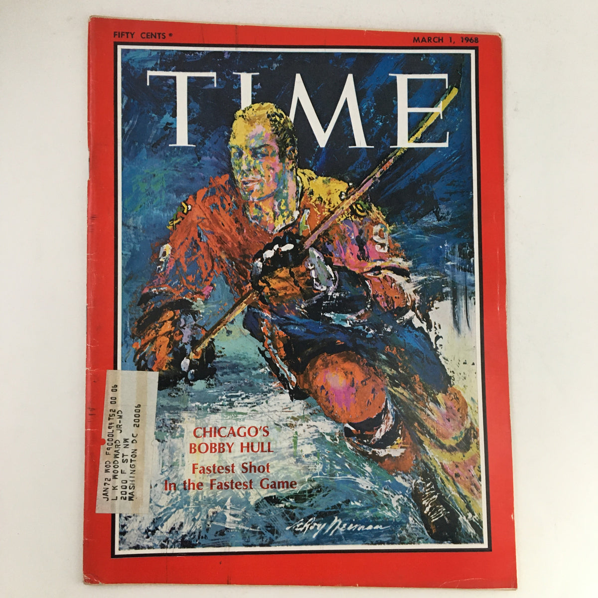 Cover of Time Magazine March 1, 1968, featuring Chicago Blackhawks' Bobby Hull, highlighting his title as the fastest shot in hockey. The magazine is in good condition with an address label visible and minor wear.