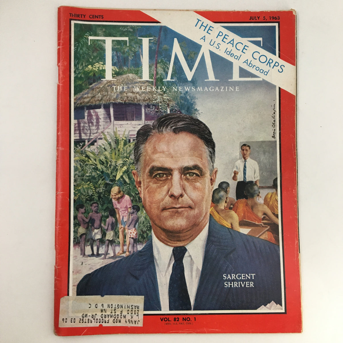 Cover of Time Magazine July 5 1963 Vol. 82 No. 1 featuring Sargent Shriver and the Peace Corps, depicting a scene with people and a lush background.