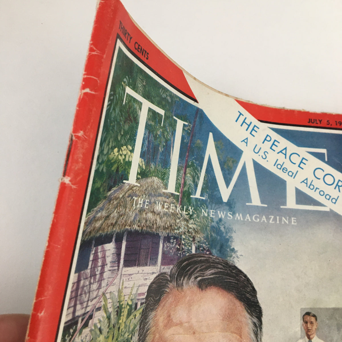 Close-up view of the Time Magazine July 5 1963 Vol. 82 No. 1 cover highlighting Sargent Shriver, with details of the magazine's title and the Peace Corps reference.