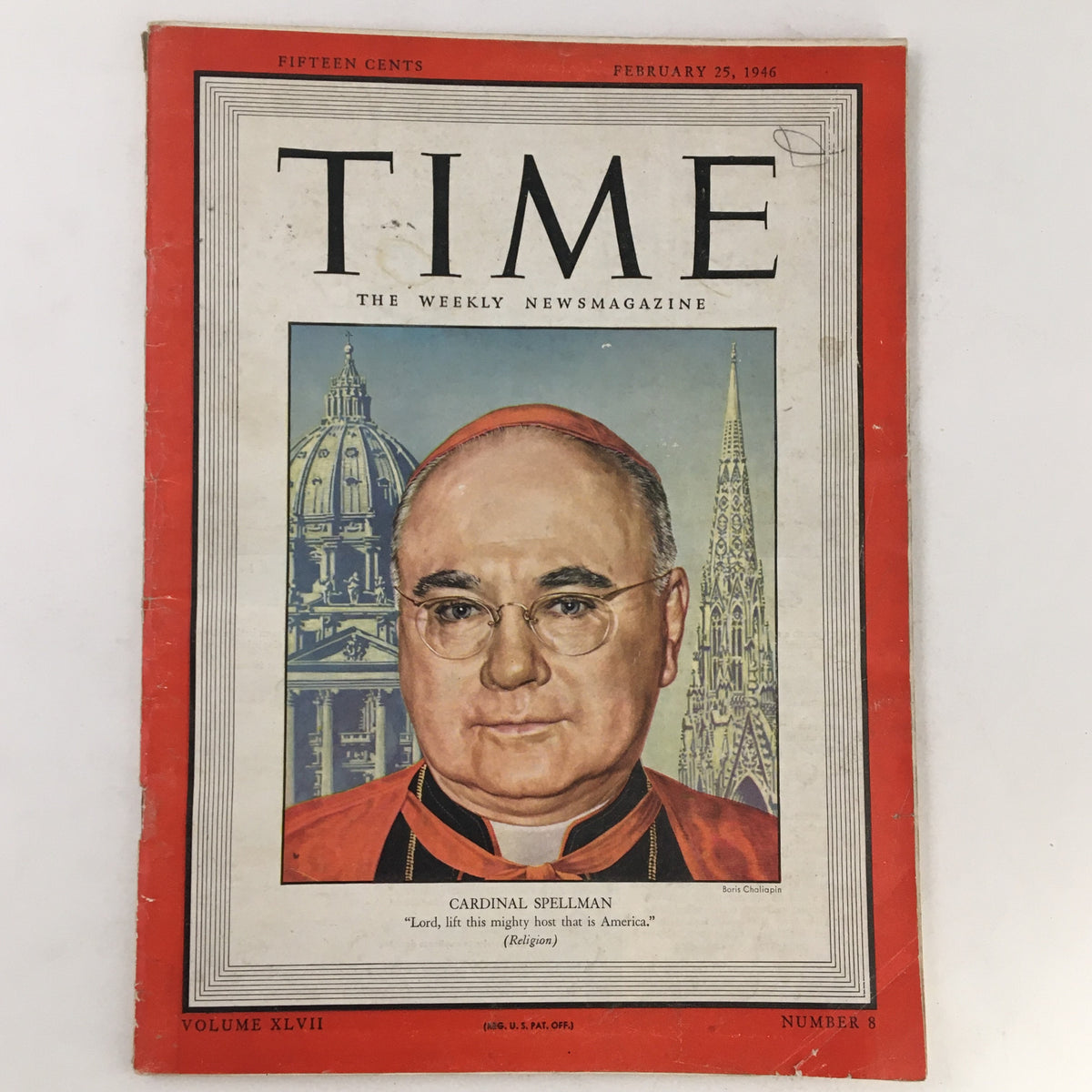 Cover of Time Magazine February 25, 1946, Vol. 47 No. 8 featuring Cardinal Francis Spellman, highlighting post-World War II sentiments.