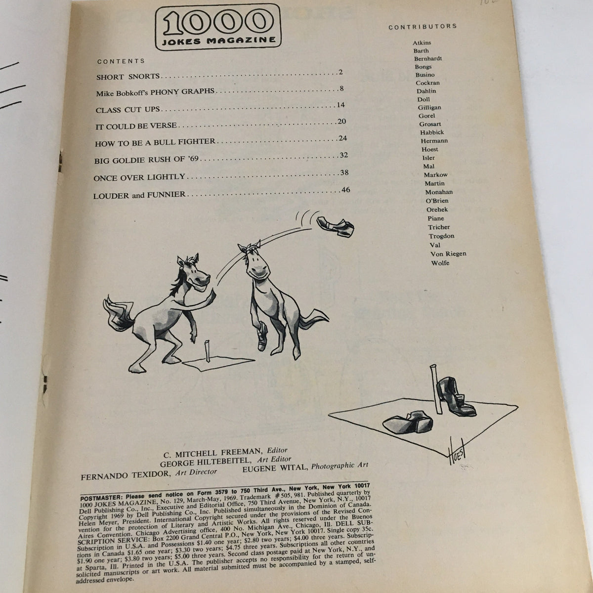 Contents page of 1000 Jokes Magazine March 1969 No. 129 showing humor categories and contributions, including sketches and title listings.