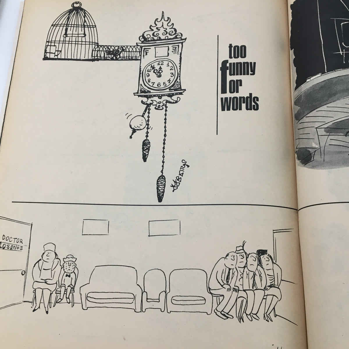 Whimsical cartoon from 1000 Jokes Magazine March 1969 No. 129, featuring a funny scene with a clock and characters in a waiting room, emphasizing humor and wit.