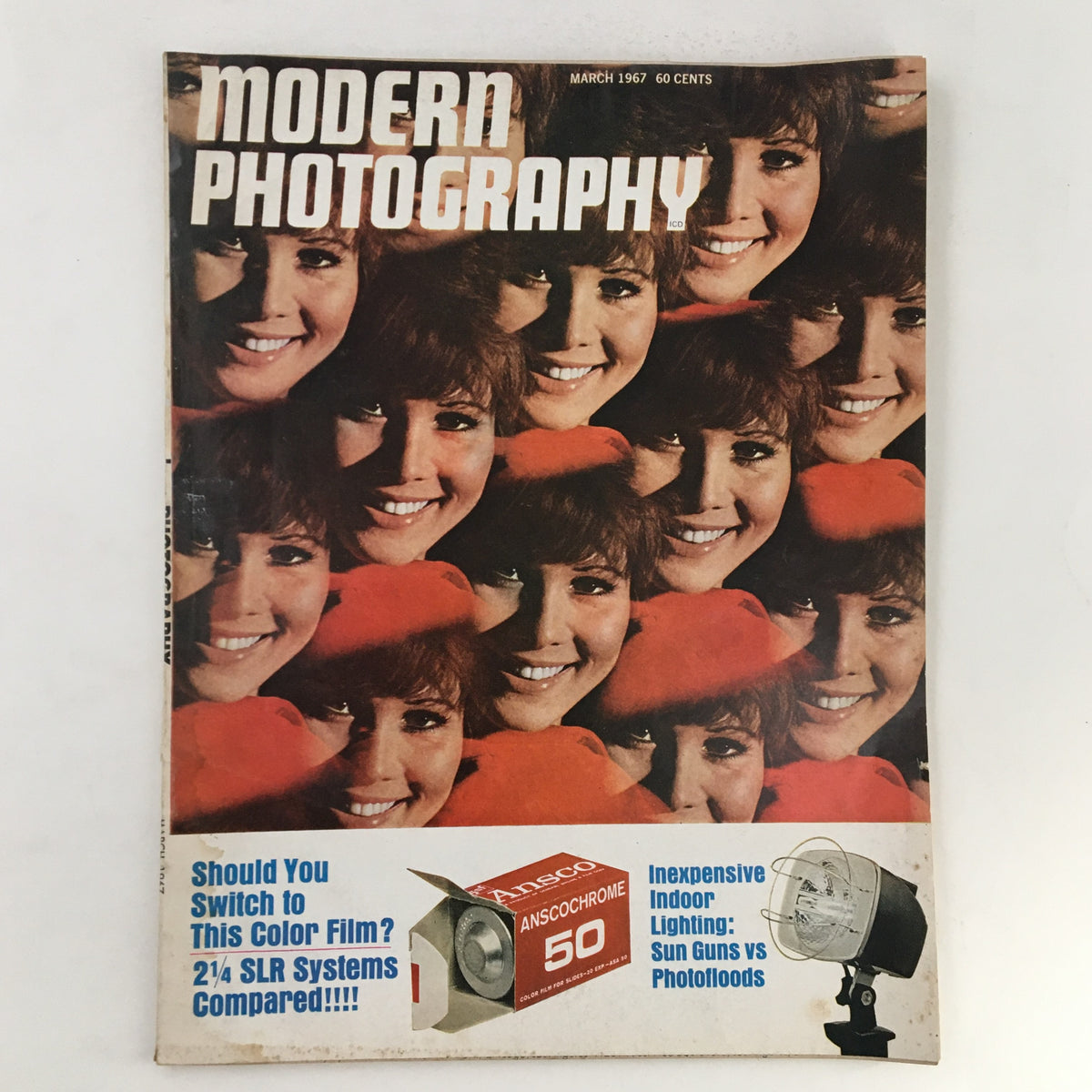Cover of Modern Photography Magazine, March 1967, featuring faces with bright smiles, showcasing an advertising section about color film and 2 1/4 SLR systems compared.