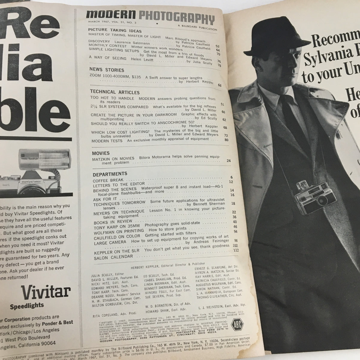 Contents page of Modern Photography Magazine, March 1967, listing articles on photography techniques, equipment advice, and an exclusive appraisal of camera gear.