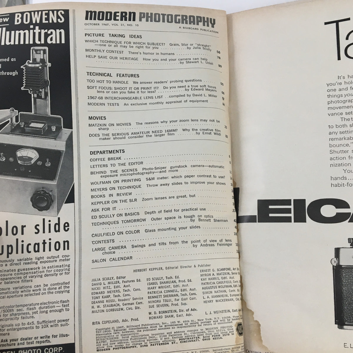 Interior page from Modern Photography Magazine October 1967 showcasing topics on picture taking ideas, technical features, and photography department sections.