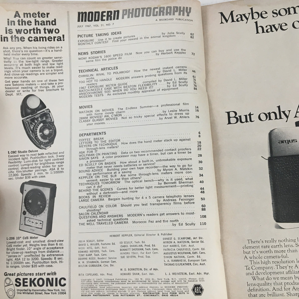 Inside page of Modern Photography Magazine July 1967, displaying contents and technical articles relevant to photography enthusiasts.