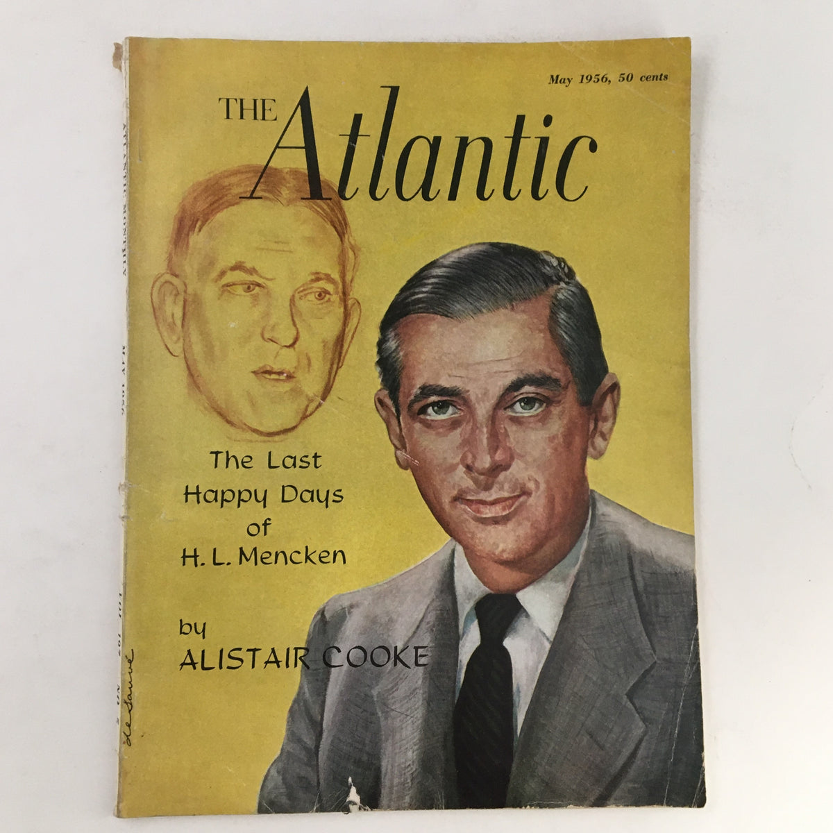 Cover of The Atlantic Magazine May 1956 featuring the article 'The Last Happy Days of H.L. Mencken' with an illustration of men in suits, by Alistair Cooke.