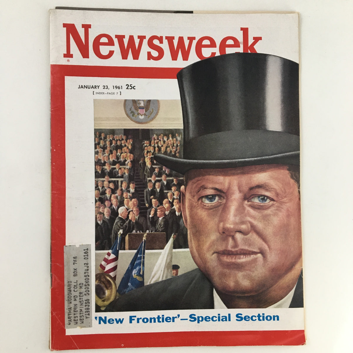 Newsweek Magazine January 23 1961 cover featuring John F. Kennedy dressed in a suit and top hat, introducing the New Frontier concept with a historical backdrop.