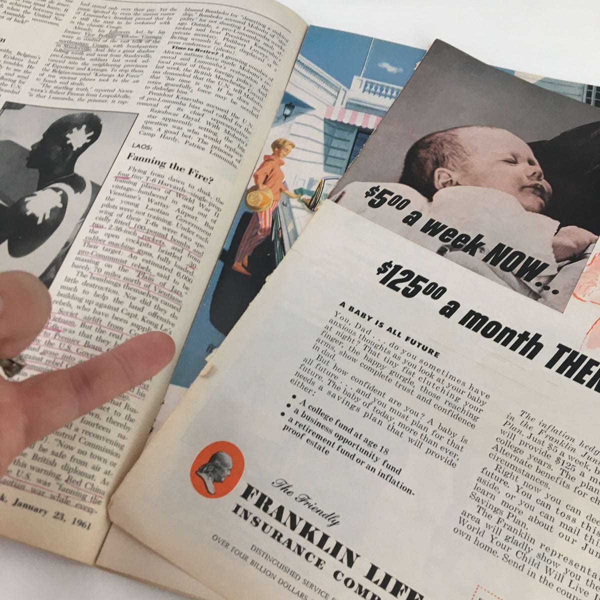 Inside pages of Newsweek Magazine January 23 1961 showing articles and advertisements, highlighting the era's fashion and social themes.