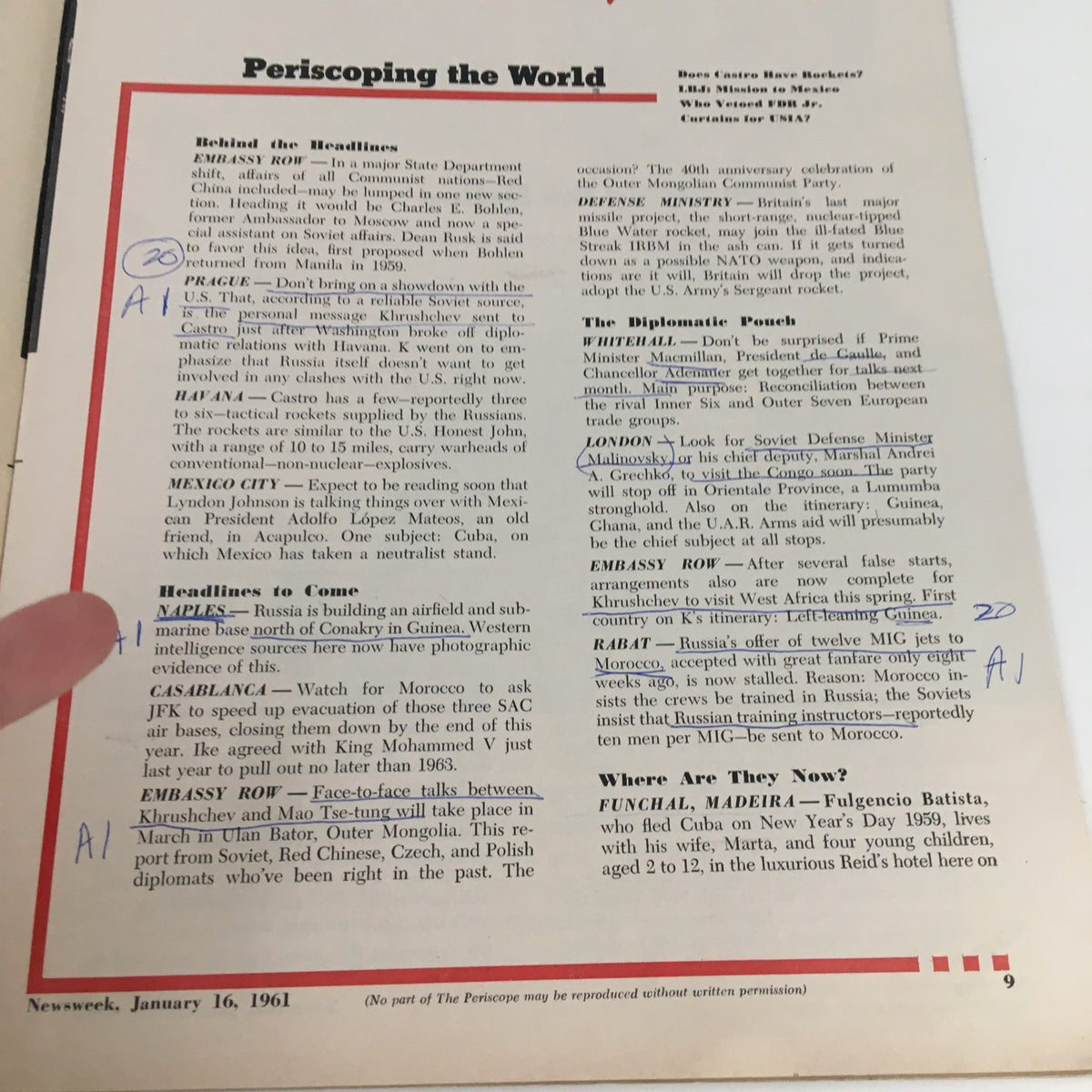 Inside page from Newsweek Magazine January 16 1961, providing articles on global news, including a focus on diplomatic relations and political events during the Cold War, showcasing handwritten notes and highlights.