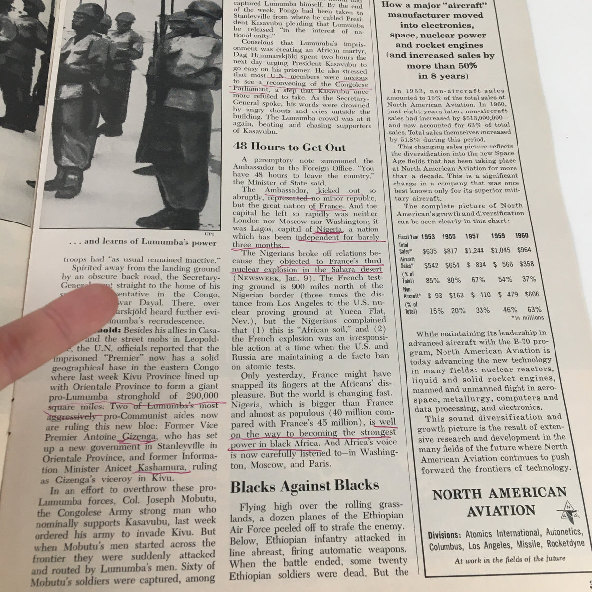 Page from Newsweek Magazine January 16 1961 displaying news regarding political events in Africa, showing soldiers and critical discussions on international relations.
