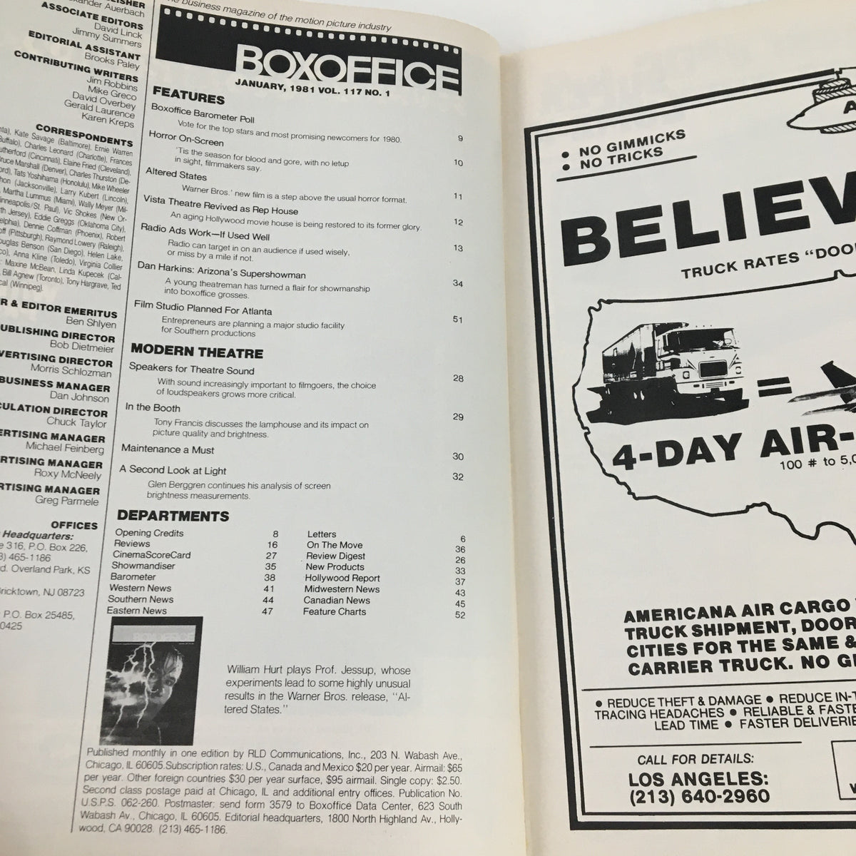 Inside page of Box Office Magazine January 1981 Vol. 117 No. 1 showcasing the table of contents and article highlights.