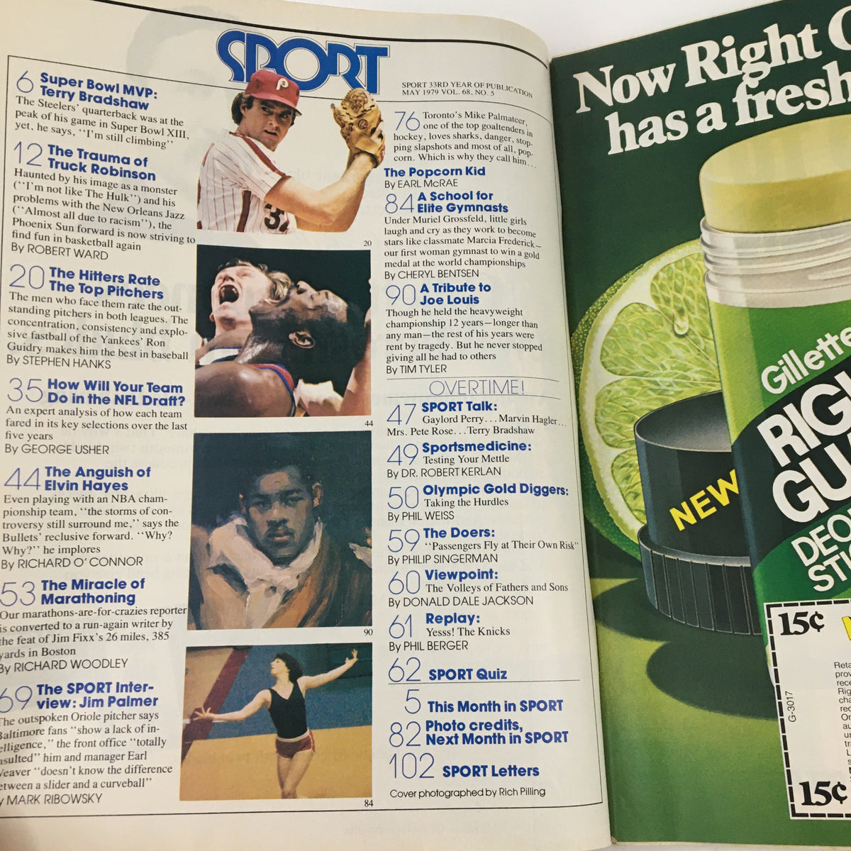 Inside content of Sport Magazine May 1979 featuring Elvin Hayes Drives Another Title and exclusive Jim Palmer interview, showcasing various articles and sections including sports MVPs and Olympic gymnastics.