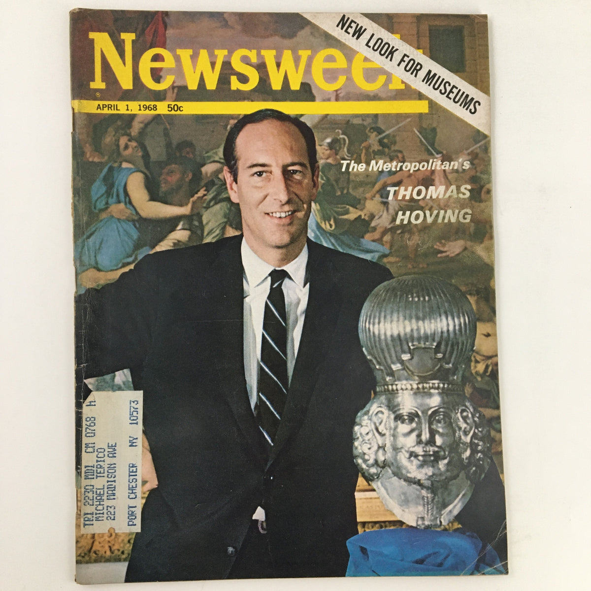Cover of Newsweek Magazine from April 1, 1968 featuring Thomas Hoving, the director of The Metropolitan Museum, alongside a historic artifact, highlighting a pivotal moment in the art world.