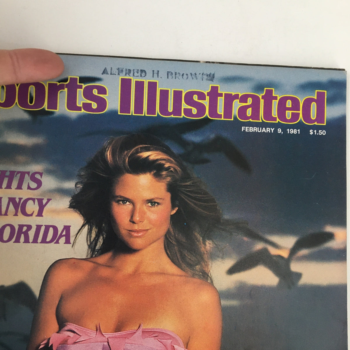 Close-up of Sports Illustrated February 9, 1981 cover showing Christie Brinkley in a bikini with her hair styled, highlighting 'Flights of Fancy in Florida'.