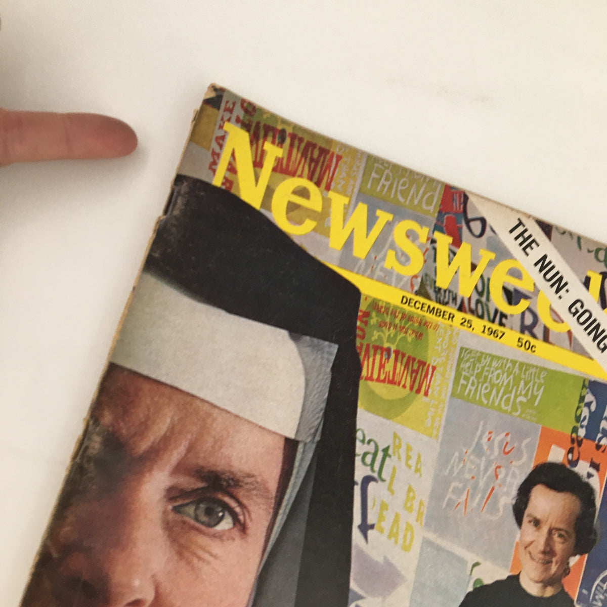 Close-up of Newsweek Magazine December 25, 1967 with Sister Corita's portrait and the title 'The Nun: Going Modern' prominently displayed.