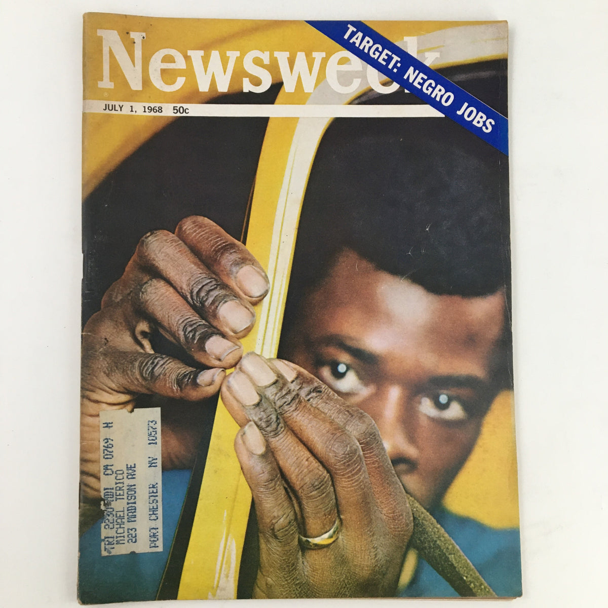 Cover of Newsweek Magazine from July 1, 1968, featuring the title 'Target: Negro Jobs' with a close-up of a young African American man's hands and face, highlighting significant social issues related to employment and racial equality during this historical period.