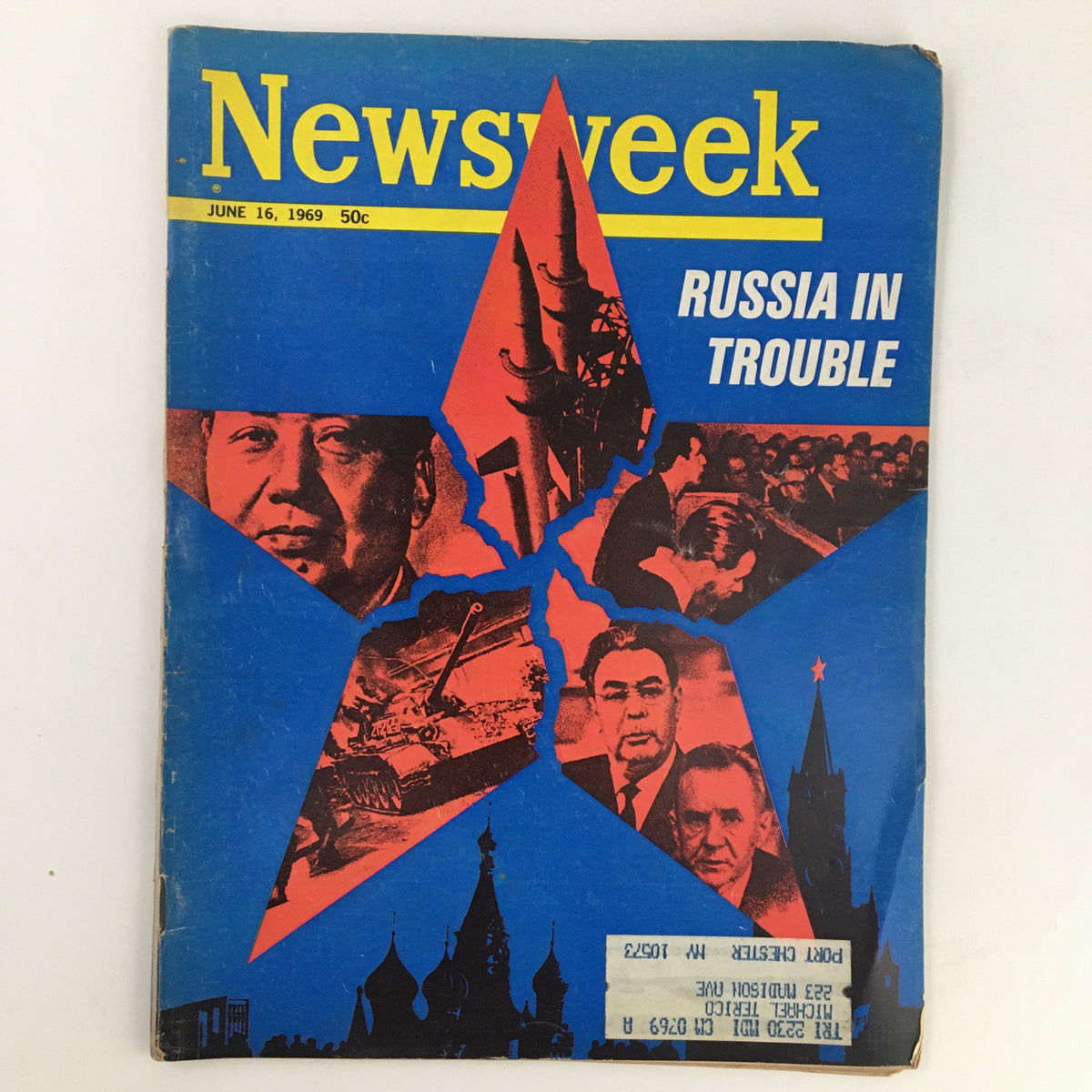 Newsweek Magazine cover from June 16, 1969, featuring the title 'Russia in Trouble' with visual elements representing Soviet challenges during Leonid Brezhnev's leadership.