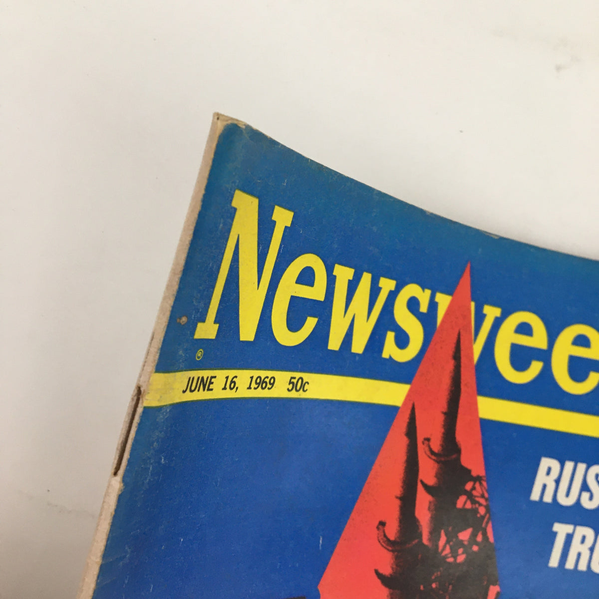 Close-up of the top corner of Newsweek Magazine dated June 16, 1969, highlighting the date and price, with the title 'Russia in Trouble' prominently displayed.