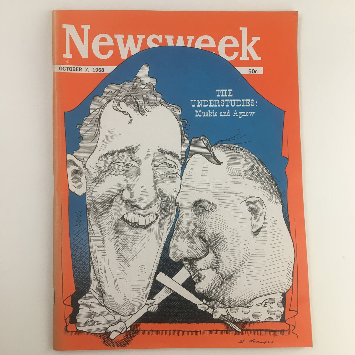 Cover of Newsweek Magazine from October 7, 1968, featuring the illustration titled 'The Understudies: Muskie and Agnew', showcasing a caricature of the political figures Ed Muskie and Spiro Agnew.