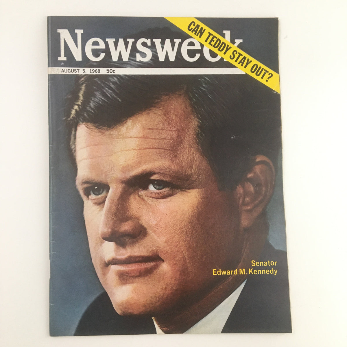 Cover of Newsweek Magazine from August 5, 1968 featuring Senator Edward M. Kennedy with the headline 'Can Teddy Stay Out?' This vintage publication explores the political landscape of the late 1960s.