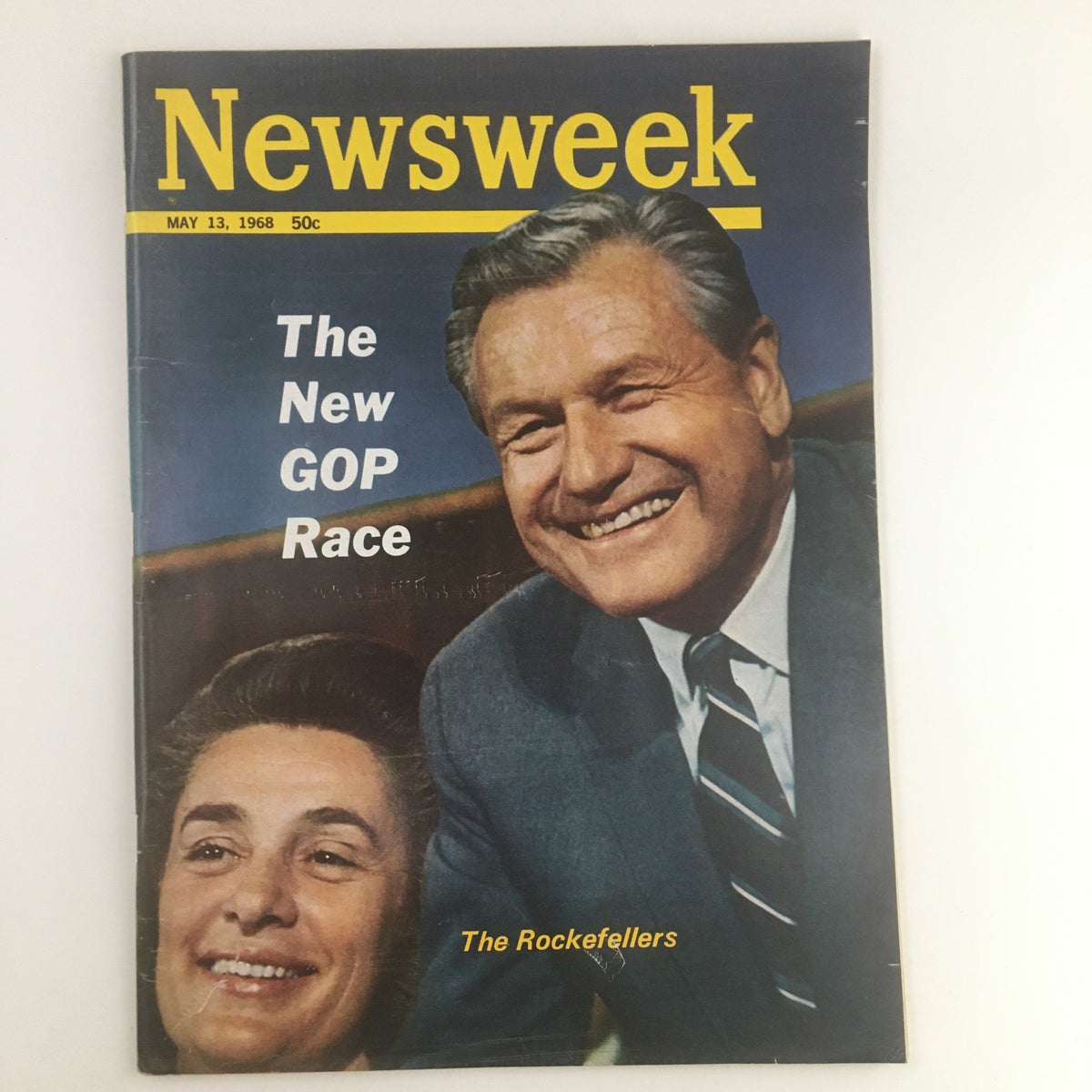 Vintage Newsweek Magazine cover from May 13, 1968, featuring the title 'The New GOP Race' with an image of smiling individuals, highlighting political discussions of the era.