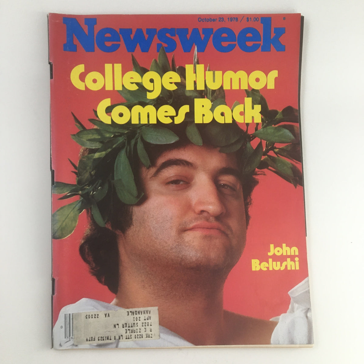 Cover of Newsweek Magazine from October 23, 1978, featuring John Belushi with a laurel wreath, highlighting the theme 'College Humor Comes Back.'