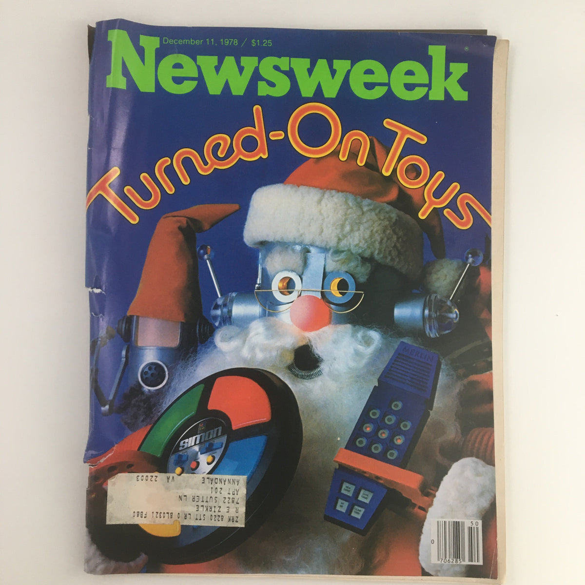 Cover of Newsweek Magazine from December 11, 1978 featuring an article titled "Simon's The Turned-On Toys", showcasing a whimsical Santa Claus surrounded by colorful retro toys, highlighting the nostalgia of 1970s toy culture.