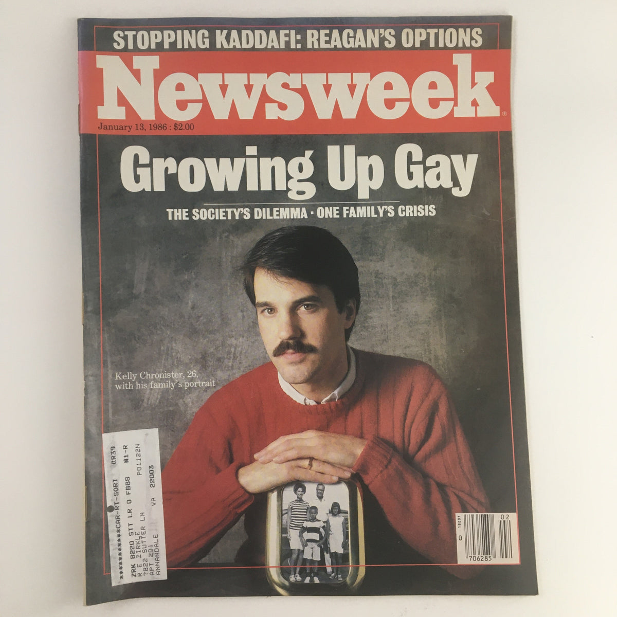 Cover of Newsweek Magazine from January 13, 1986, featuring the title 'Growing Up Gay' along with a photograph of Kelly Chronister. The cover highlights the societal dilemmas faced by families concerning LGBTQ+ issues.
