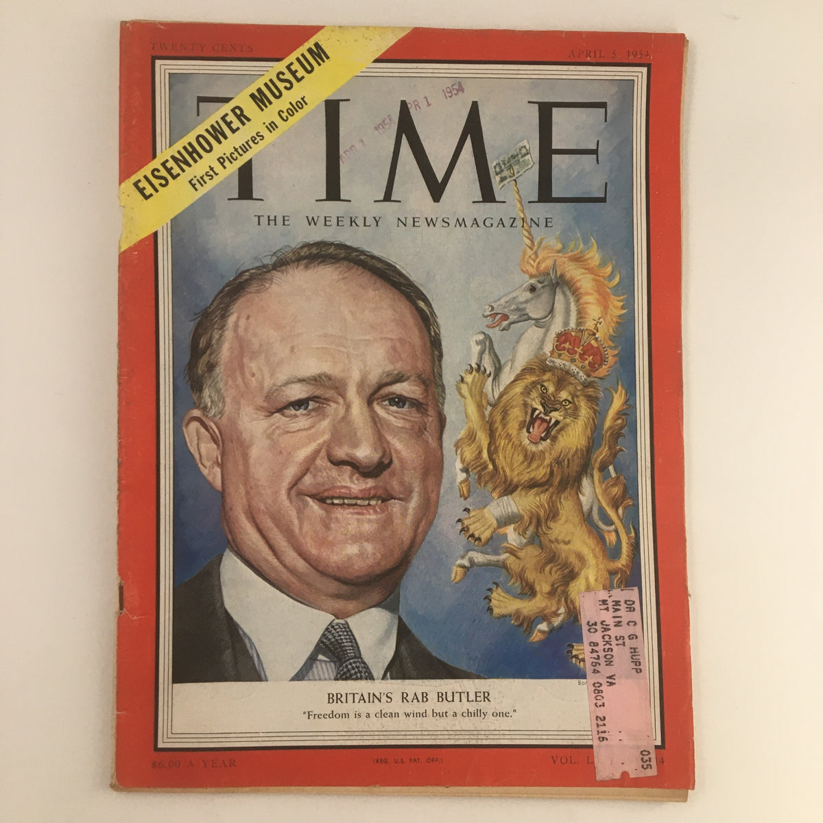 Cover of Time Magazine from April 5, 1954, Vol. 63 No. 14 featuring Britain's Richard "Rab" Austen Butler, showcasing political themes with an image of Butler against a backdrop of British symbols.