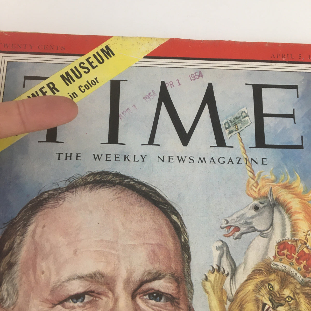Cover of Time Magazine dated April 5, 1954, Vol. 63 No. 14 featuring Richard 'Rab' Austen Butler, with a yellow museum sticker and the date 'APR 7 1954' stamped on it. This vintage magazine showcases a significant moment in British political history.