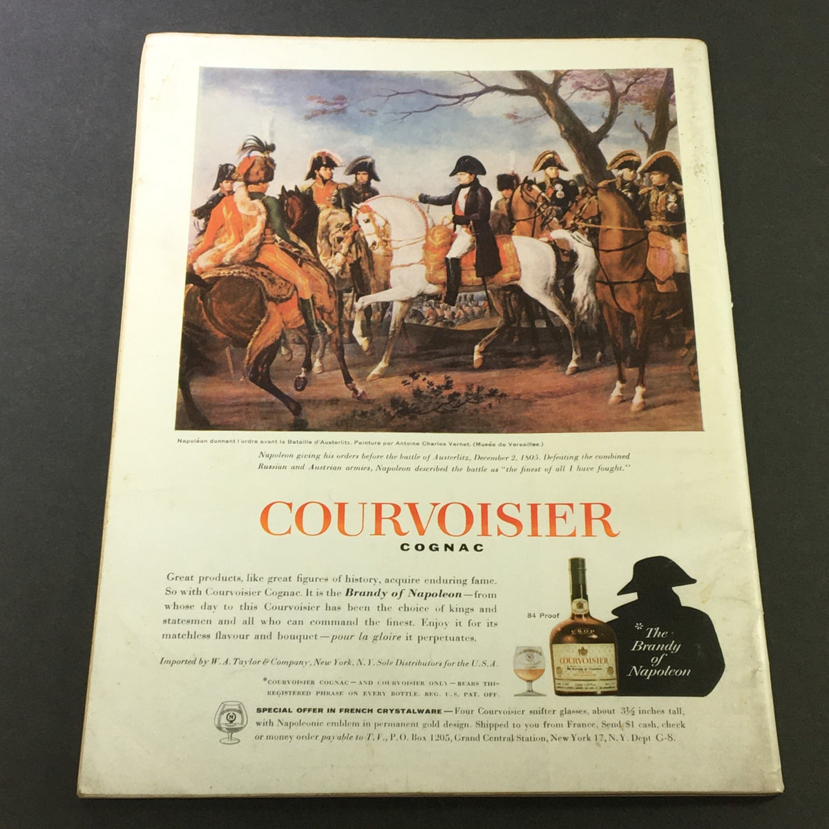 Back cover of VTG Gourmet Magazine November 1960 featuring a vintage Courvoisier Cognac advertisement, depicting Napoleon and his generals, capturing historical elegance.