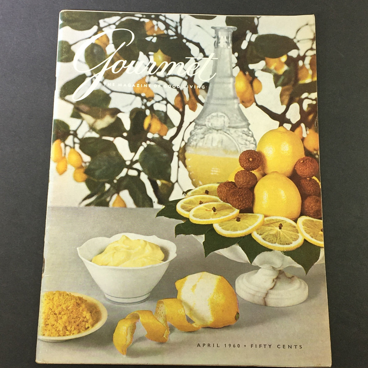 Cover of VTG Gourmet, The Magazine of Good Living, April 1960 featuring various lemons and gourmet culinary items.