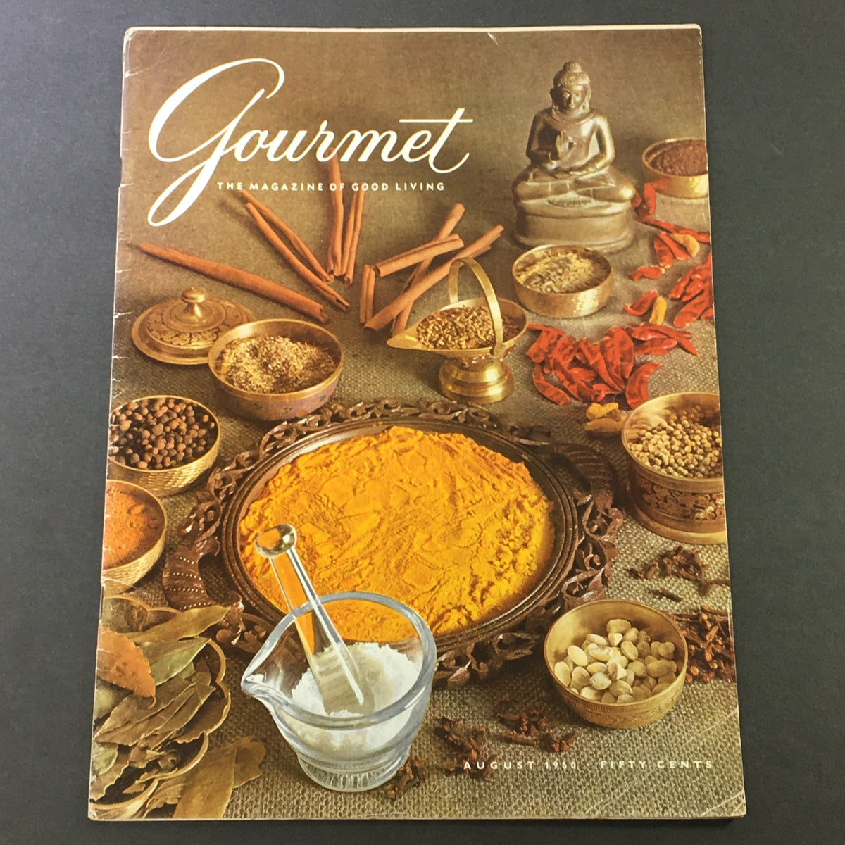 Cover of VTG Gourmet: The Magazine of Good Living, August 1960, featuring vibrant spices and culinary ingredients, showcasing the theme 'The Beauty of Wiltshire'.
