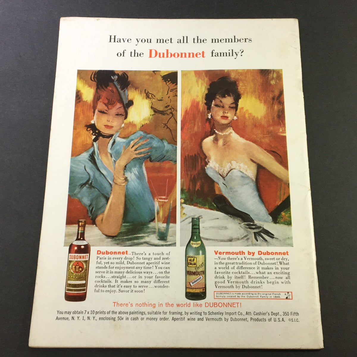 Back cover of VTG Gourmet, The Magazine of Good Living January 1960, showcasing an advertisement for Dubonnet with artistic illustrations of women, highlighting vintage advertising style.