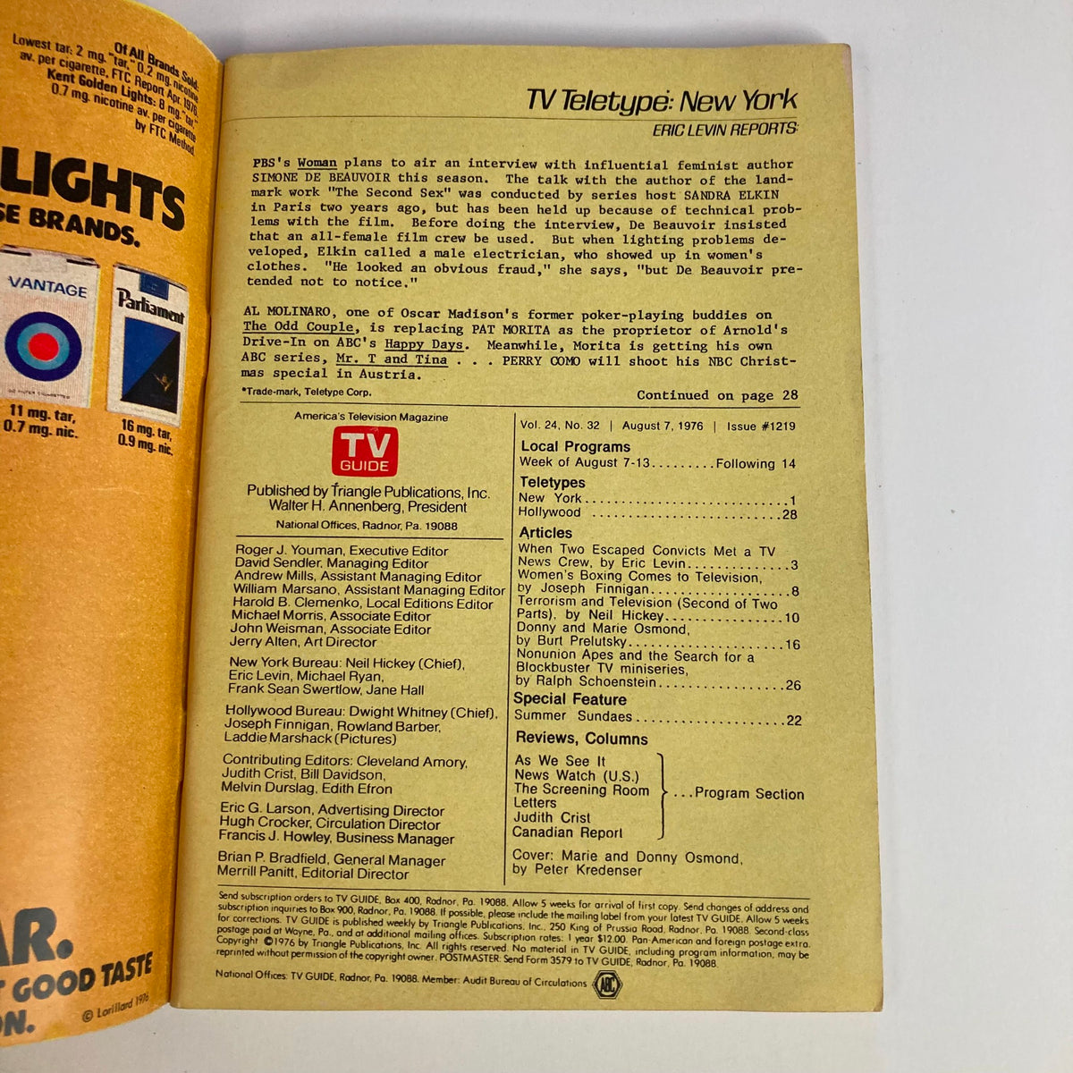 Interior page of the TV Guide Magazine August 1976 issue #1219, featuring TV Teletype reports including listings and programming highlights, related to the iconic cover stars, Marie and Donny Osmond.