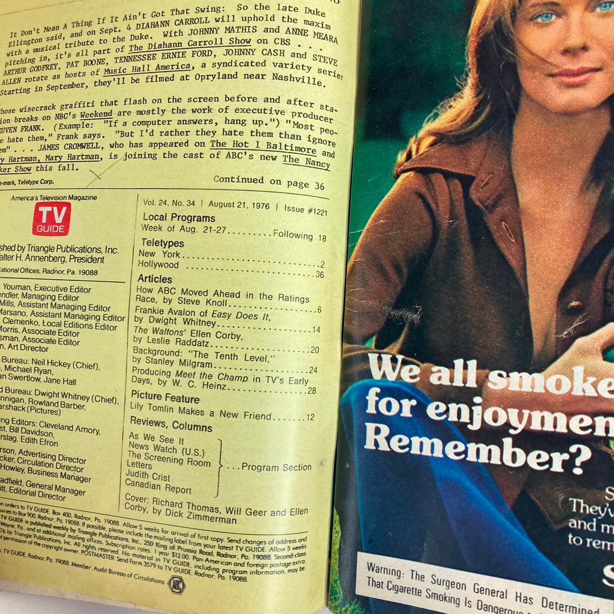Inside of TV Guide Magazine August 21 1976 #1221 showing articles and listings, highlighting Richard Thomas, Will Geer, and Ellen Corby with a vintage design theme.