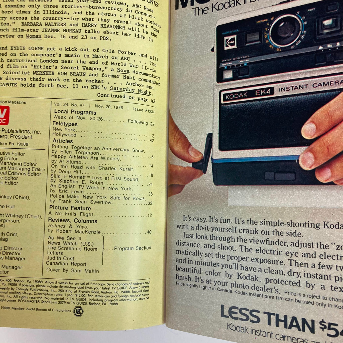 Inside page of TV Guide Magazine November 20 1976 #1234 showing articles and a Kodak instant camera advertisement.