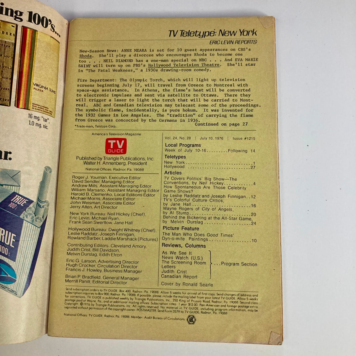 Back cover of TV Guide Magazine July 10 1976 featuring text on television programming details and the magazine's editorial team, showcasing the historical significance of the era's television landscape.