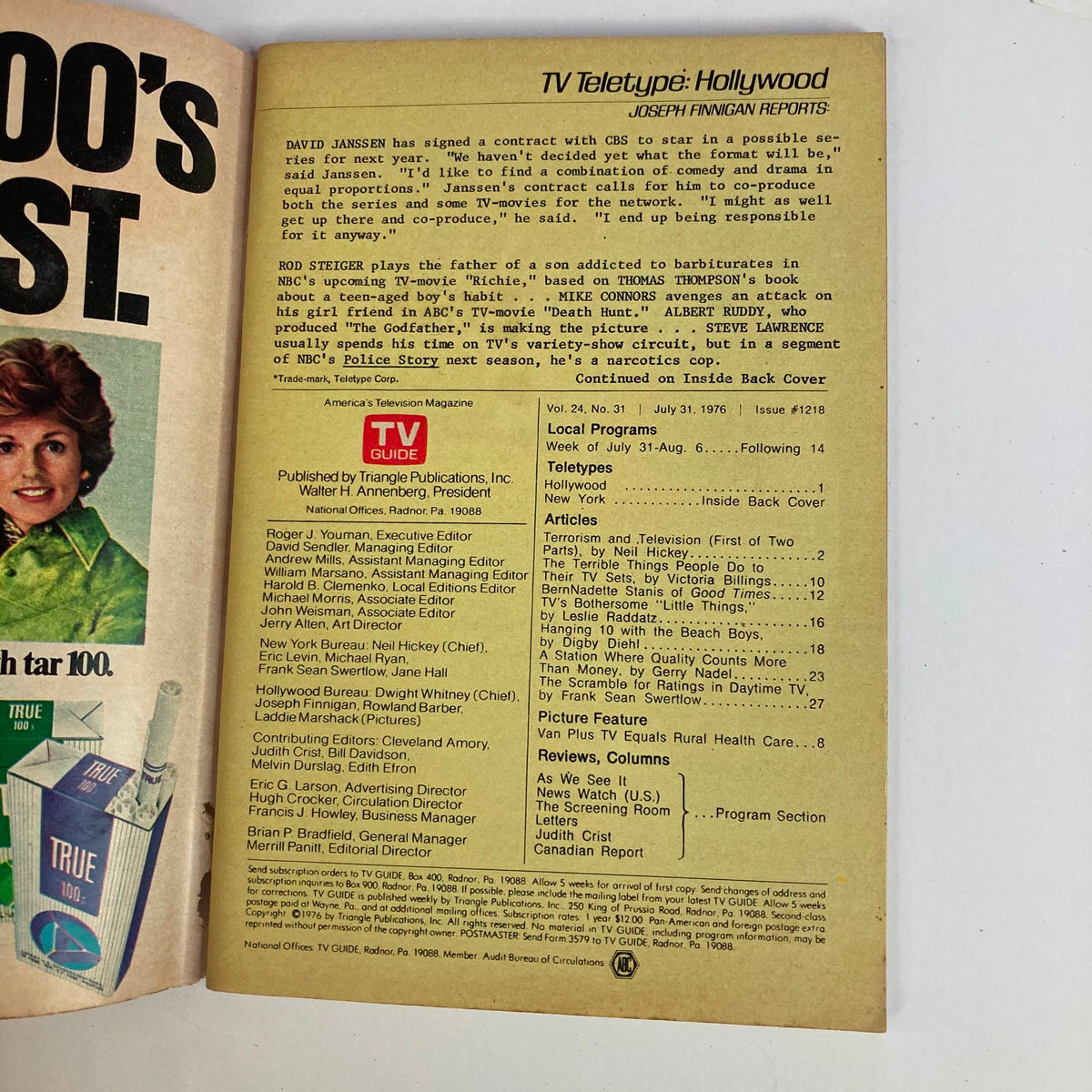 The inside back cover of TV Guide Magazine July 31 1976 #1218, showcasing television program listings and editorial team credits, providing insights into entertainment from the 1970s.