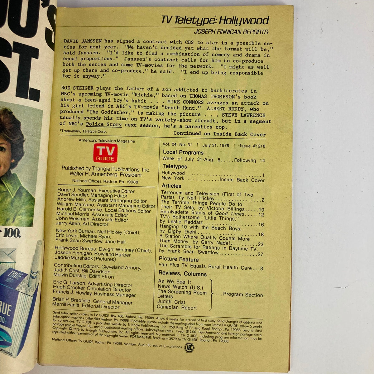 Inside page of TV Guide Magazine July 31 1976 #1218, displaying program listings and articles, illustrating the magazine's content and historical context during the 1970s.