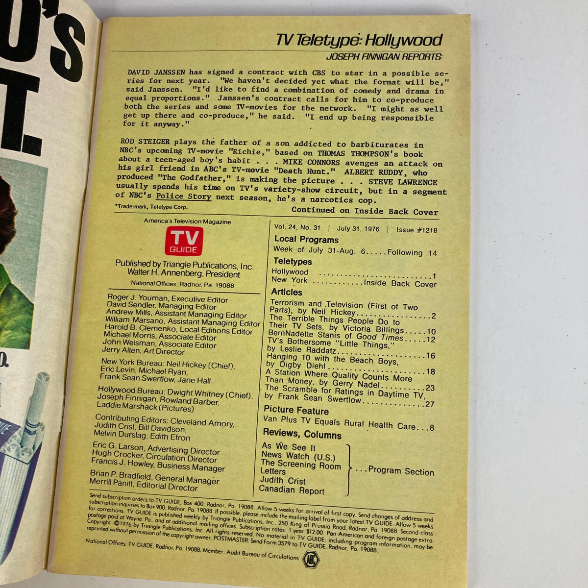 Inside page of TV Guide Magazine July 31 1976 issue #1218 displaying the TV Teletype column and listing local programs, showcasing the magazine's focus on television content during the time period.