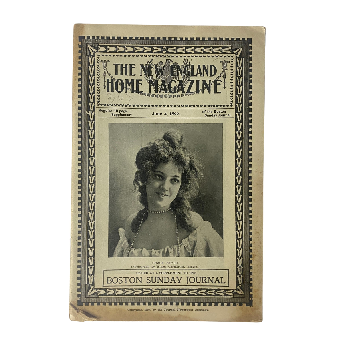 Cover of The New England Home Magazine from June 4, 1899 featuring Grace Heyer, showcasing a photograph by Elmer Chickering, with decorative borders and magazine title prominently displayed.