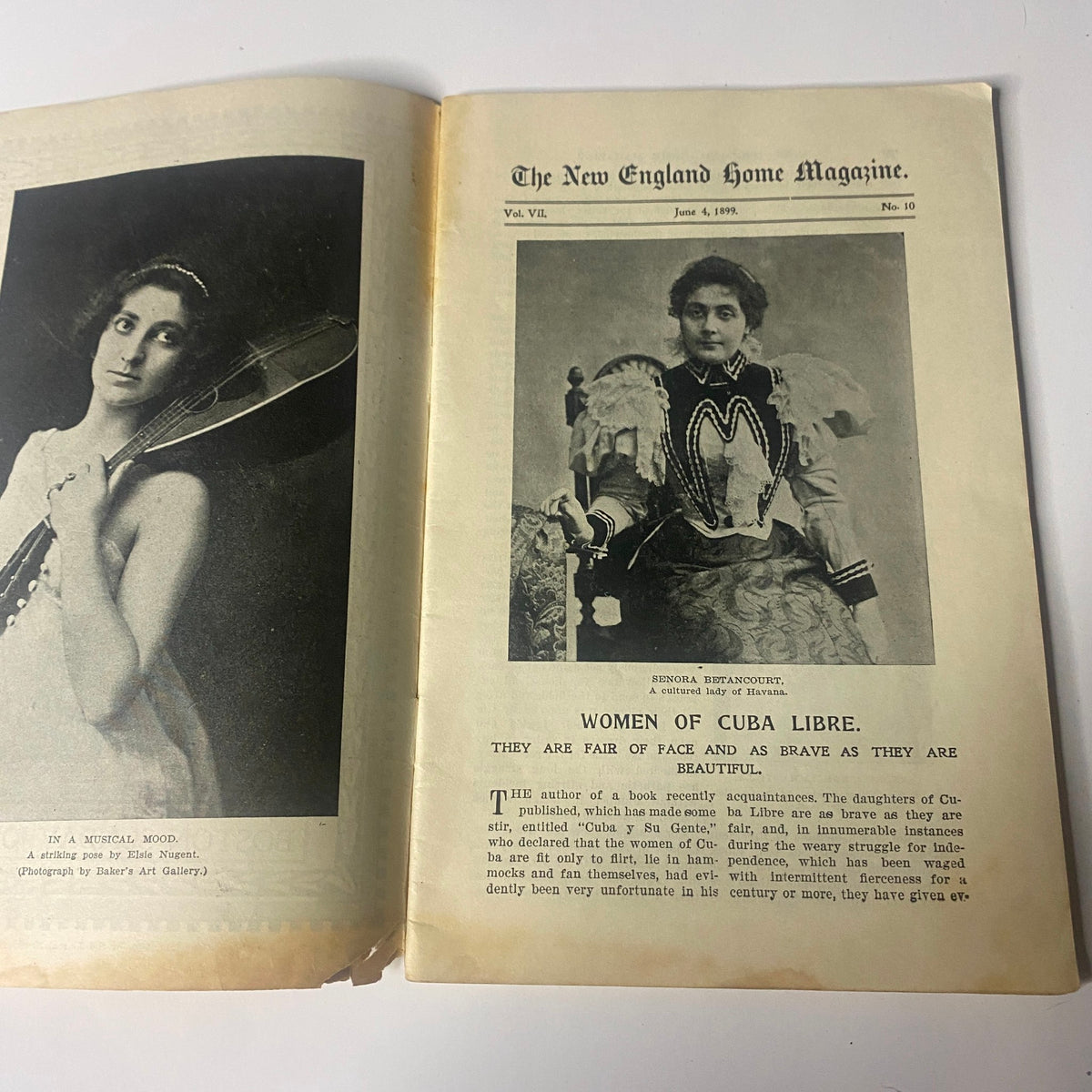 Interior spread of The New England Home Magazine, June 4, 1899, displaying a portrait of Señora Betancourt and an article titled 'Women of Cuba Libre', highlighting late 19th-century fashion, culture, and society.