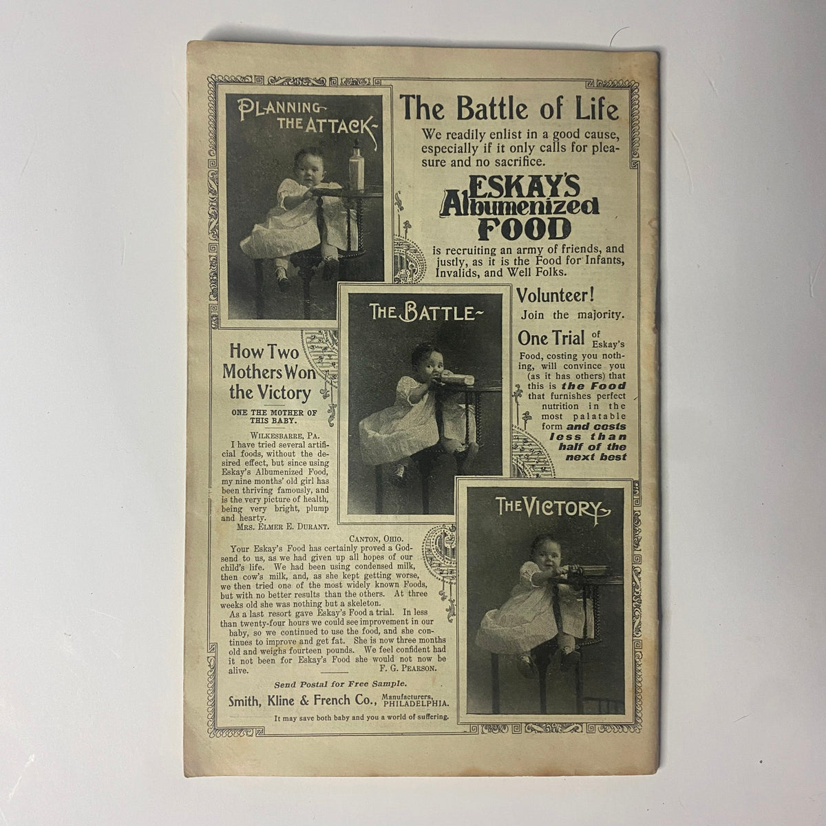Back cover of The New England Home Magazine, June 4, 1899, featuring advertisements including 'The Battle of Life' with images of children and products from Smith, Kline & French Co., illustrating early marketing trends.