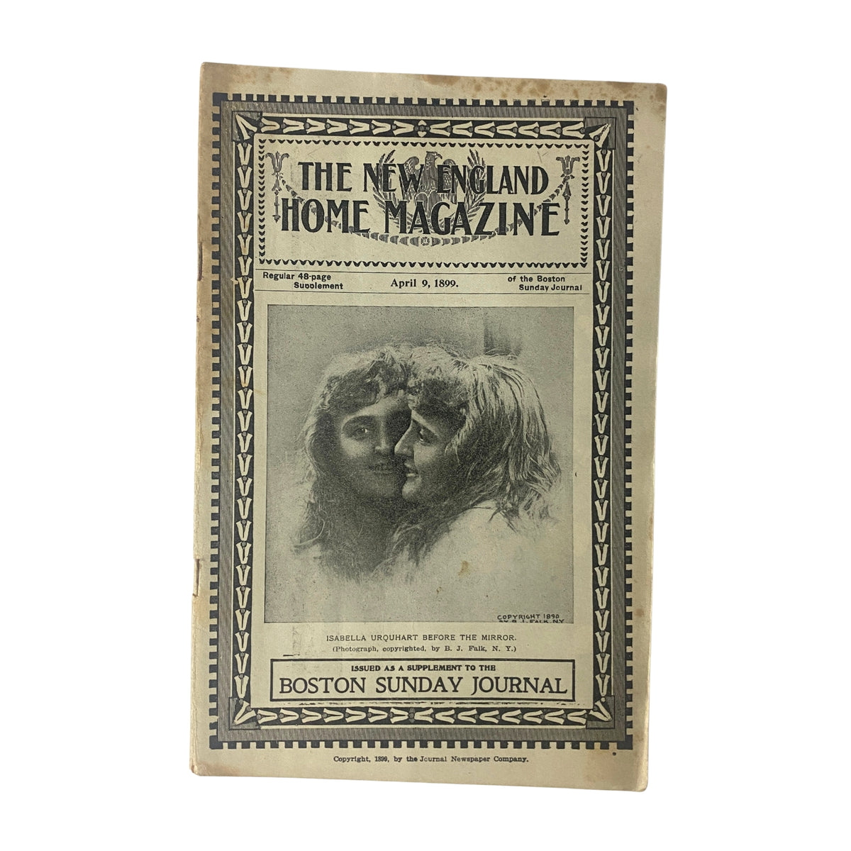 Cover of The New England Home Magazine from April 9, 1899, featuring a black and white portrait of Isabella Urquhart Before the Mirror, showcasing the charm of late 19th century magazine art.