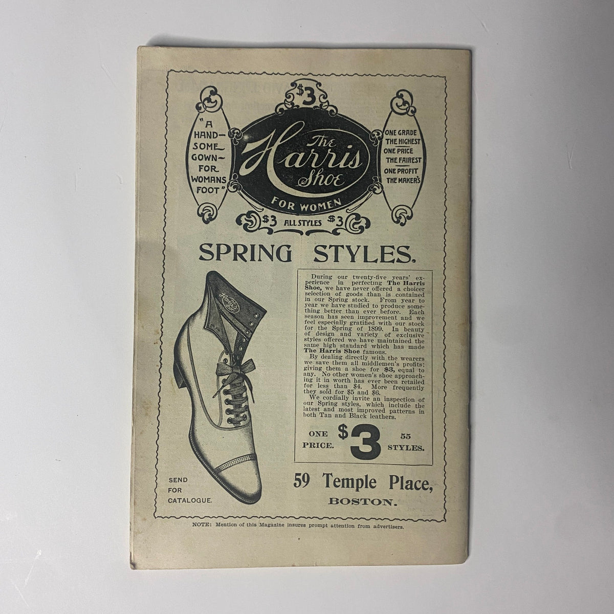 Advertisement page for The Harris Shoe for Women from The New England Home Magazine, April 9, 1899, highlighting spring styles with a detailed illustration of a women's shoe.