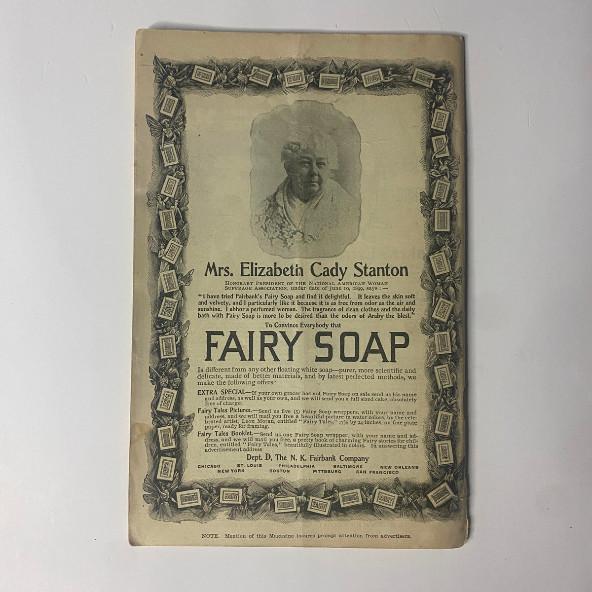Back page advertisement for Fairy Soap in The New England Home Magazine, September 3, 1899, featuring a portrait of Mrs. Elizabeth Cady Stanton.