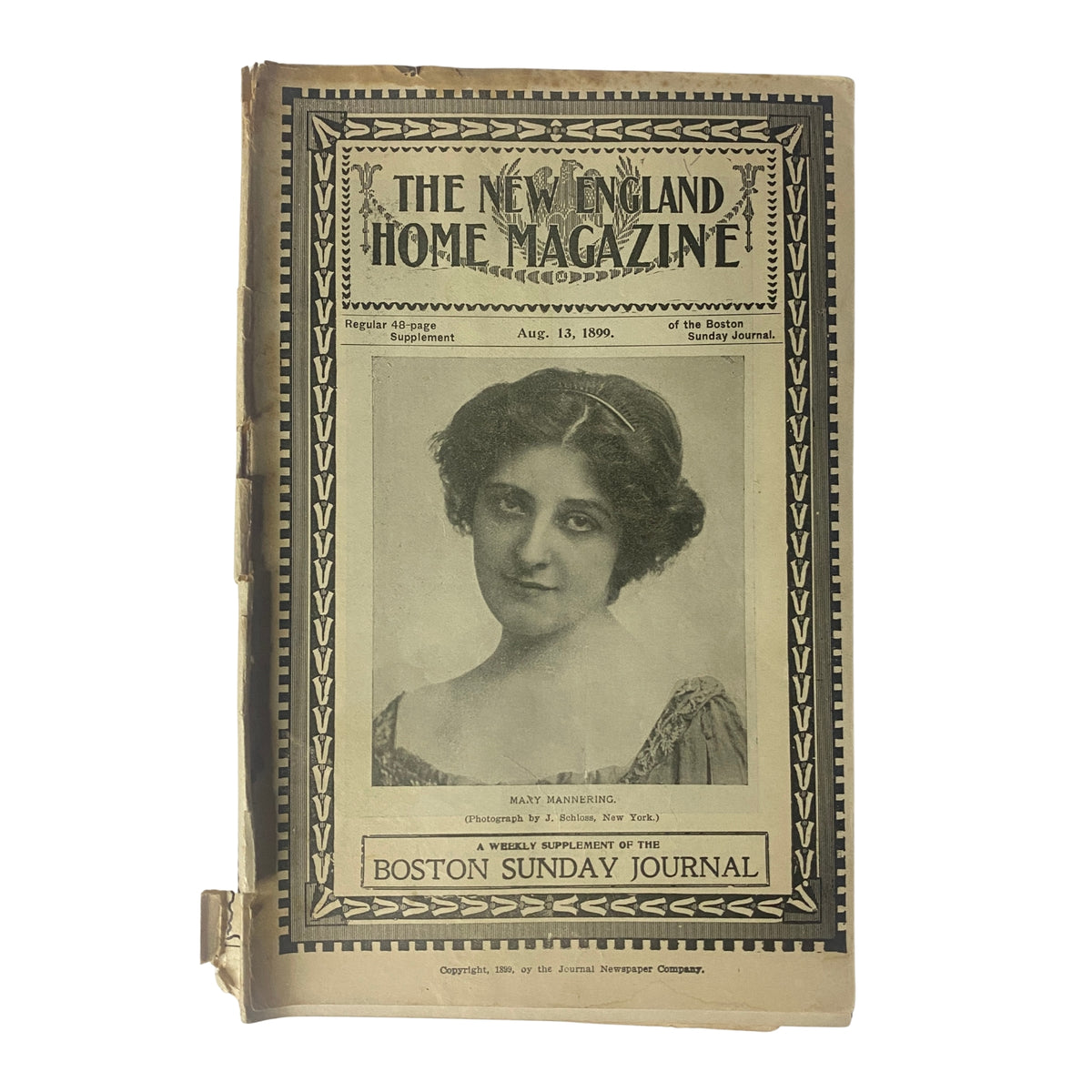 Cover of The New England Home Magazine, August 13, 1899, featuring a portrait of Mary Mannering, photographed by J. Schloss, New York.
